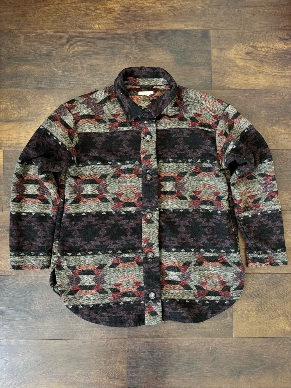 Maurices Multicolor Aztec Plaid Shacket in Burgundy, Black, and Cream